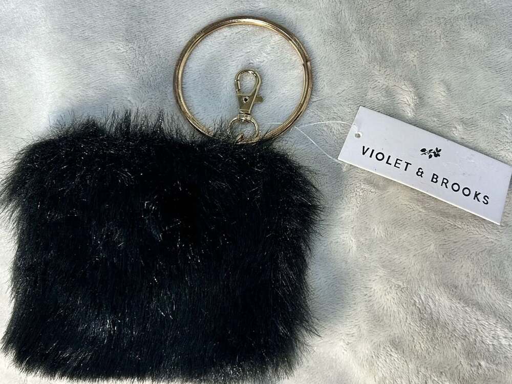 Violet & Brooks Black Faux Fur Wristlet Pouch Key Ring NWT